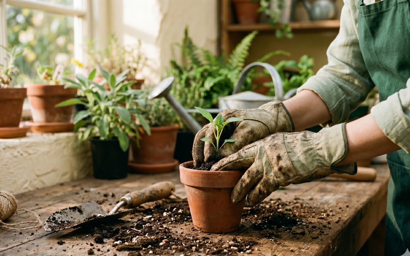 Gloved hands potting a young seedling into a terracotta pot on a wooden table