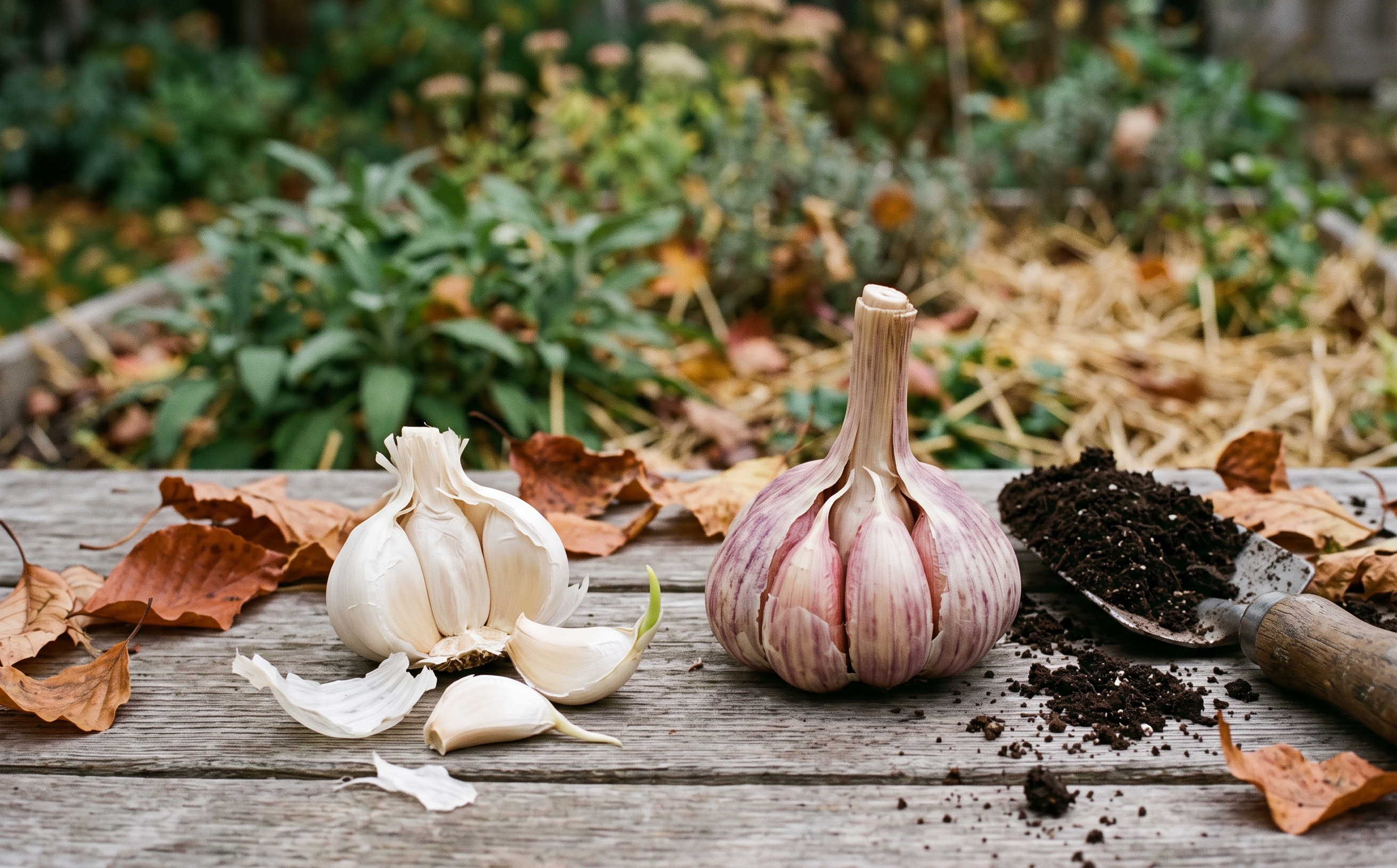 A supermarket garlic bulb broken into cloves on a wooden table next to a larger hardneck seed garlic bulb, with autumn soil and a trowel beside them