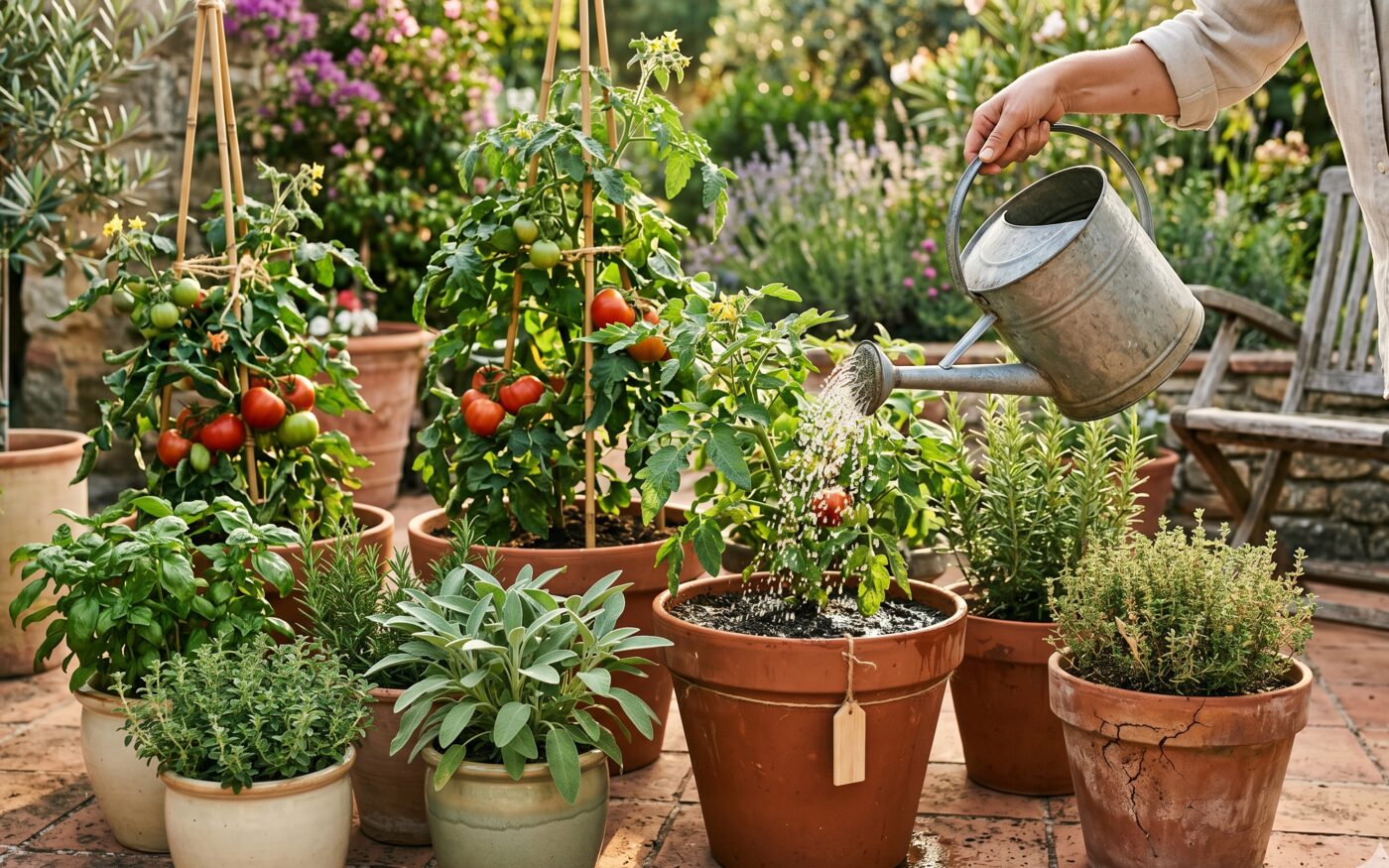 Watering potted tomato and herb plants on a sunny patio
