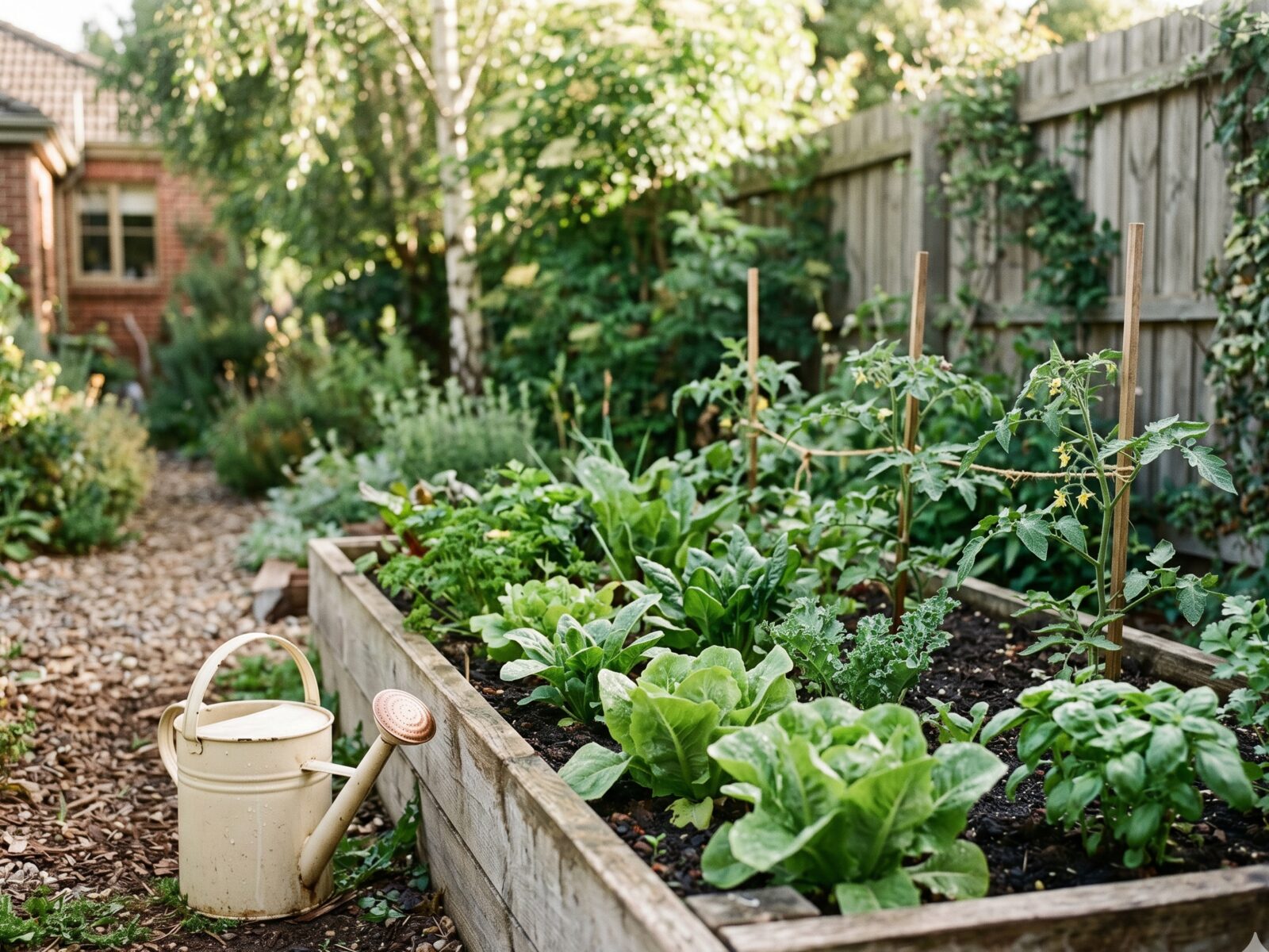 A raised garden bed full of leafy greens and young tomato plants in a backyard, with a watering can beside it