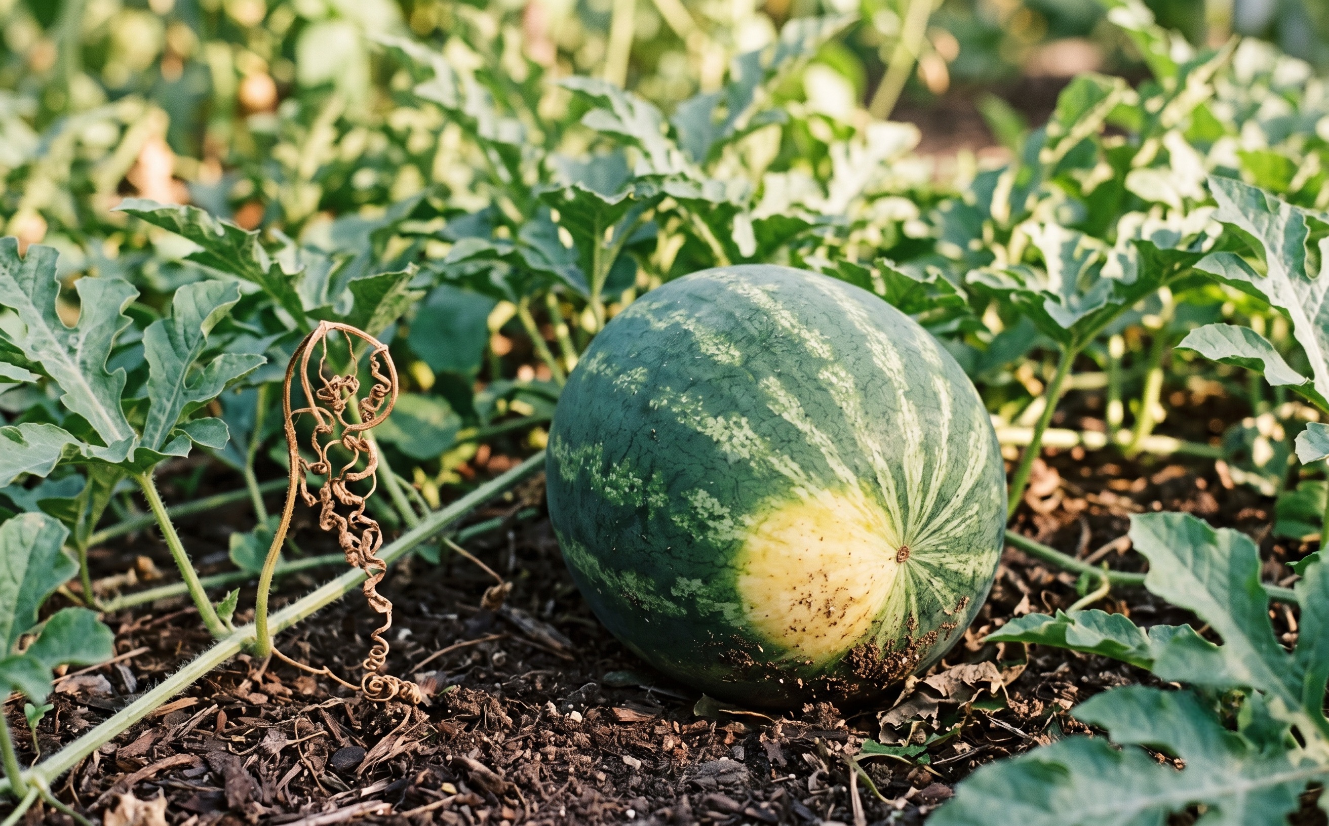 A watermelon in the garden turned to show its buttery yellow field spot, with a dried tendril on the vine beside it
