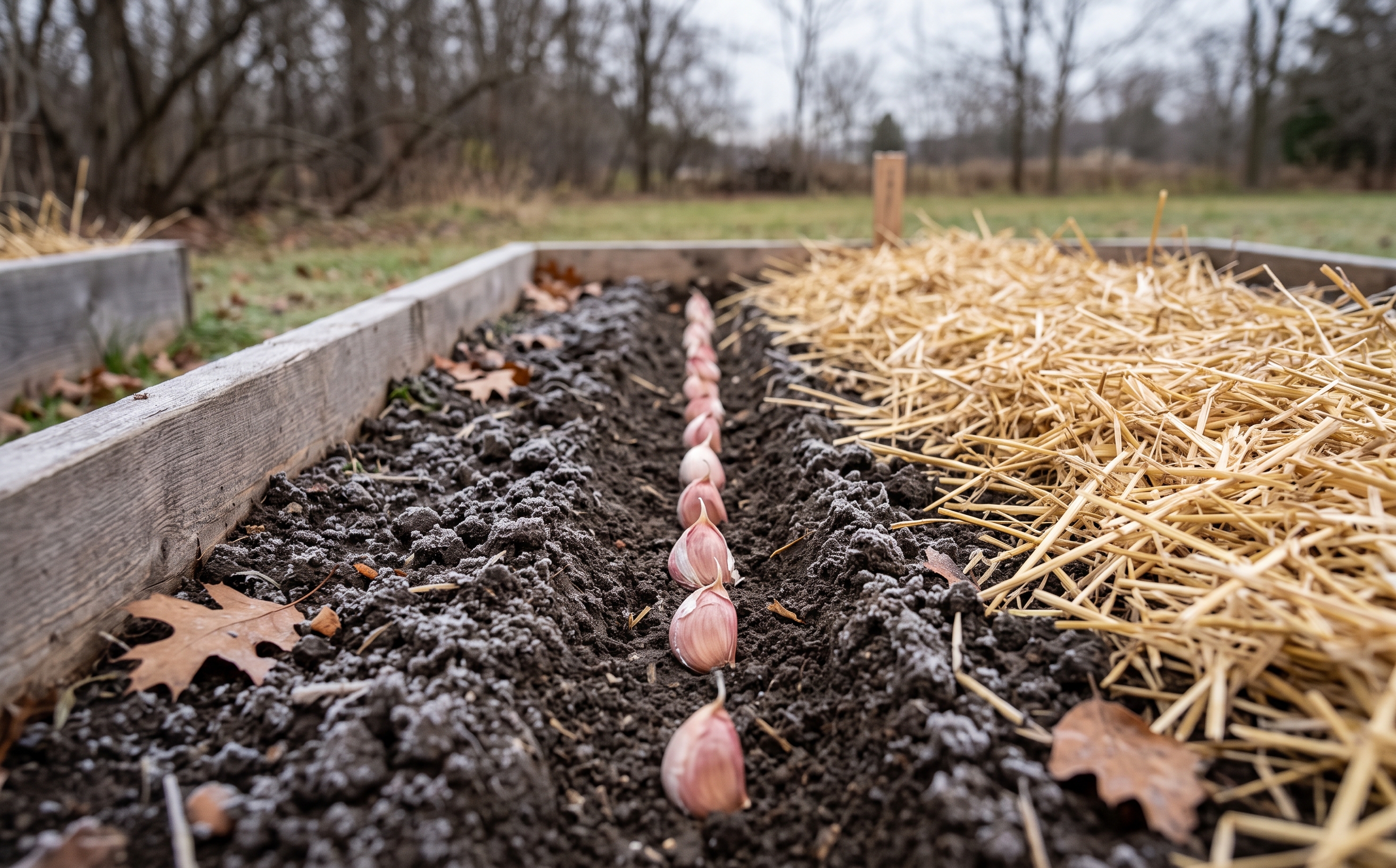 A raised garden bed in late autumn with a row of garlic cloves set pointy end up in a furrow of dark soil, frost on the clods, and half the bed already covered in thick golden straw