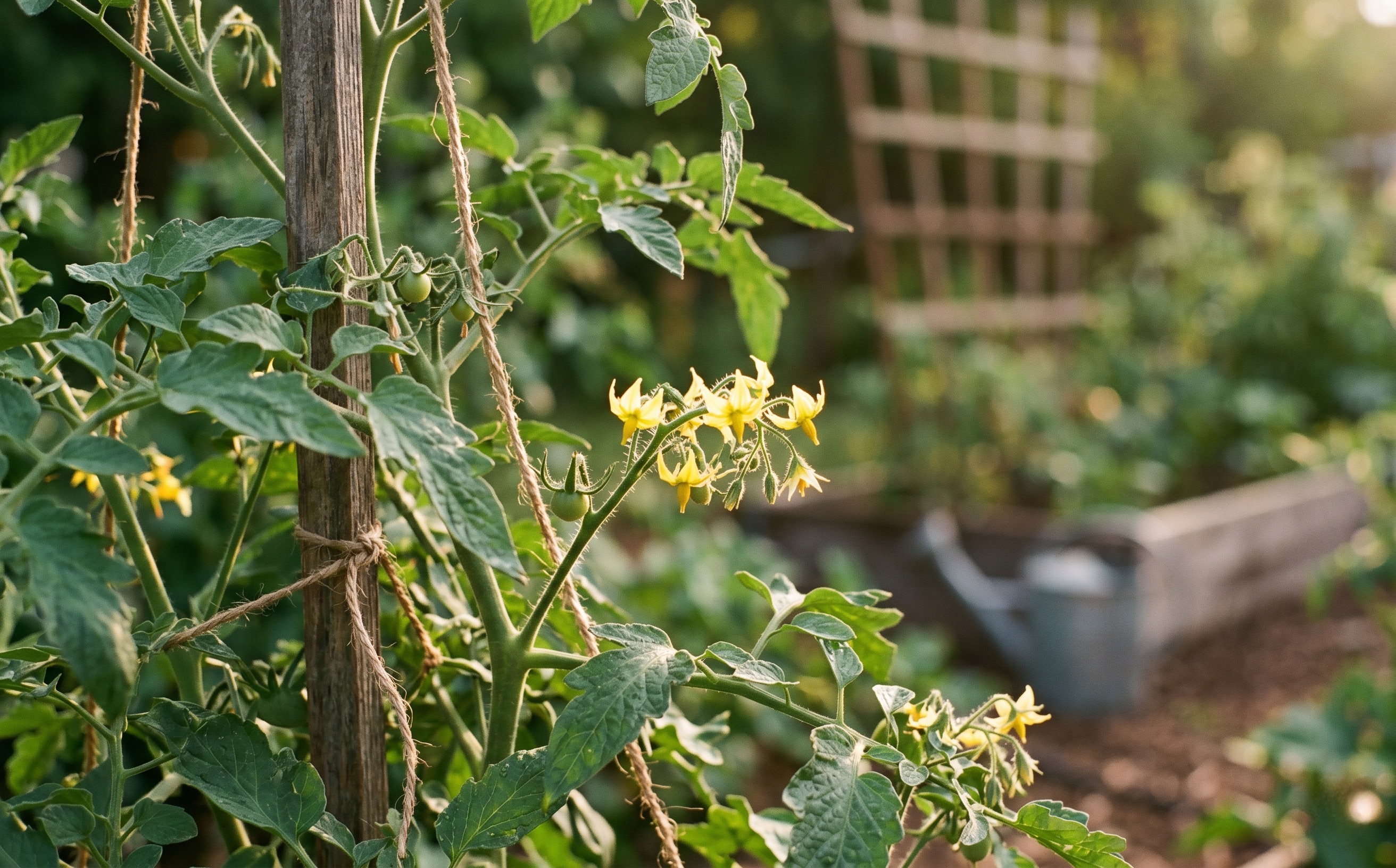 Yellow tomato flowers on a healthy green plant in soft morning light