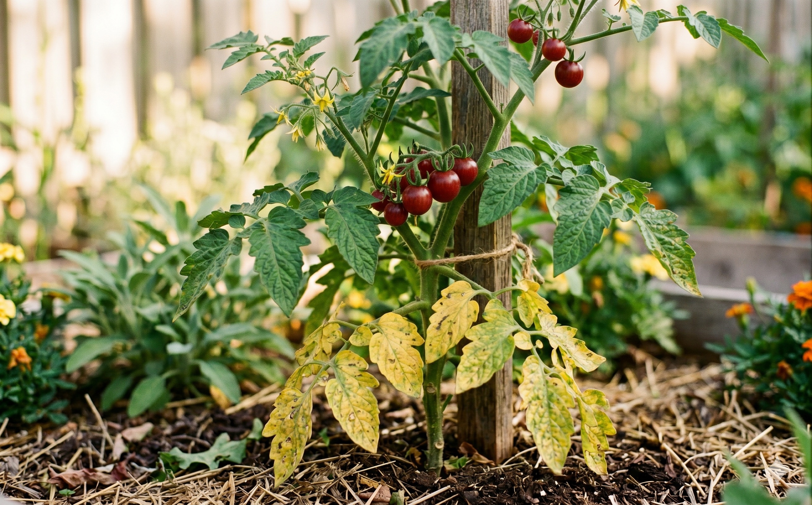A tomato plant with yellowing lower leaves and healthy green growth in summer light