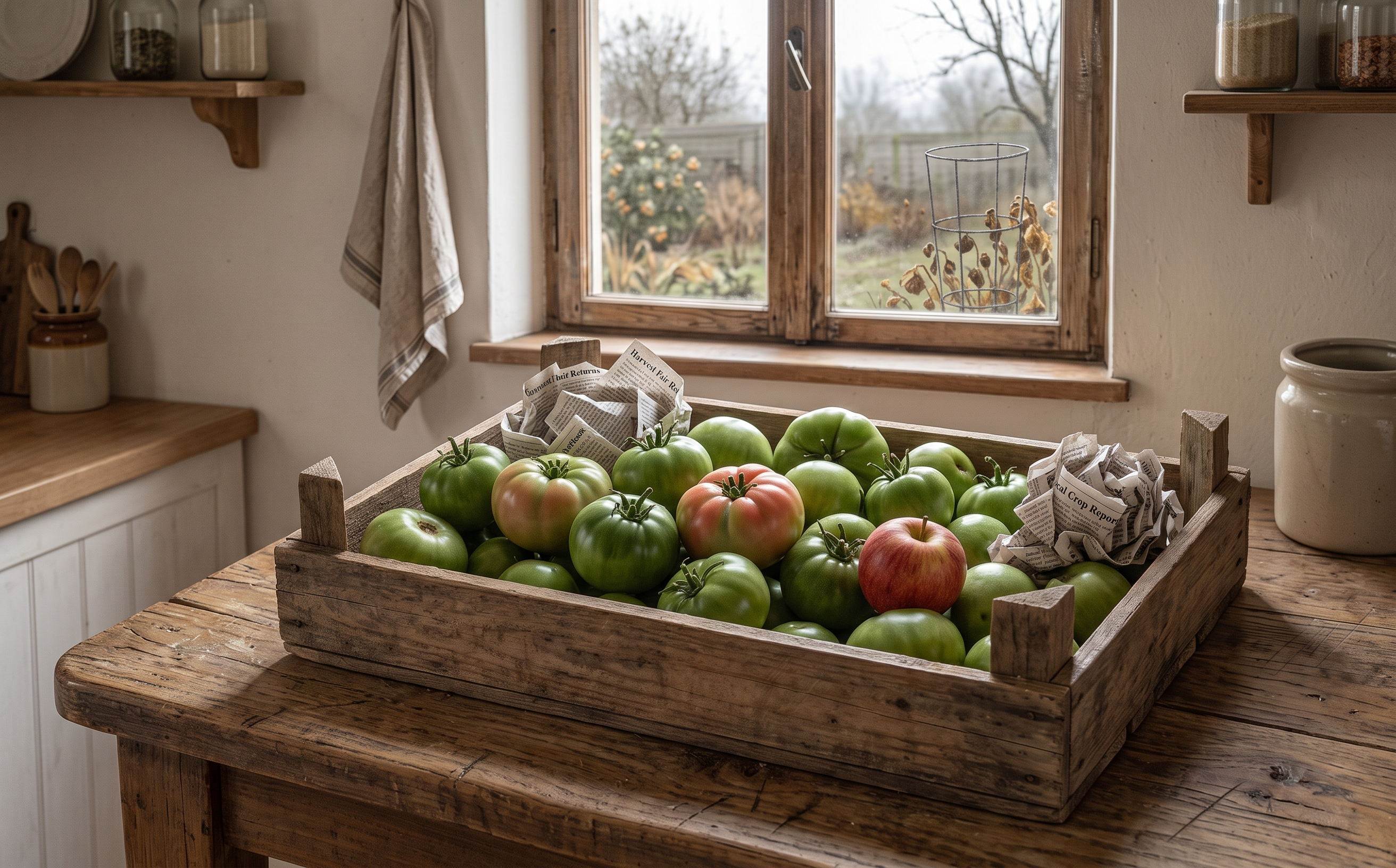 A wooden crate of green and blushing tomatoes picked ahead of frost, sitting on a kitchen counter in soft autumn light