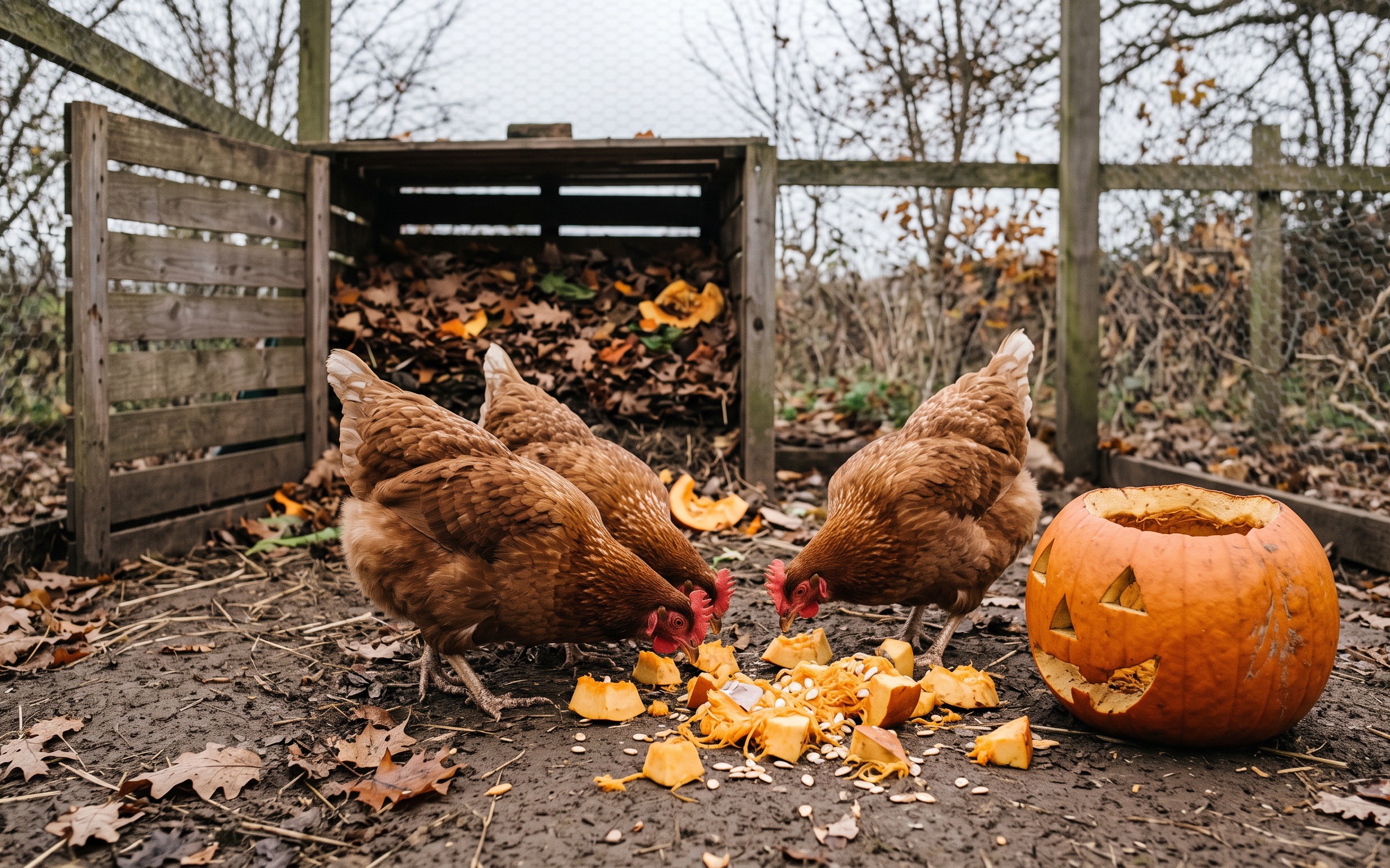 A backyard chicken run in early November where three brown hens peck at chopped chunks of orange pumpkin flesh and pale seeds on the dirt, half of an old carved pumpkin beside them, and an open compost bin of brown leaves and pumpkin pieces behind