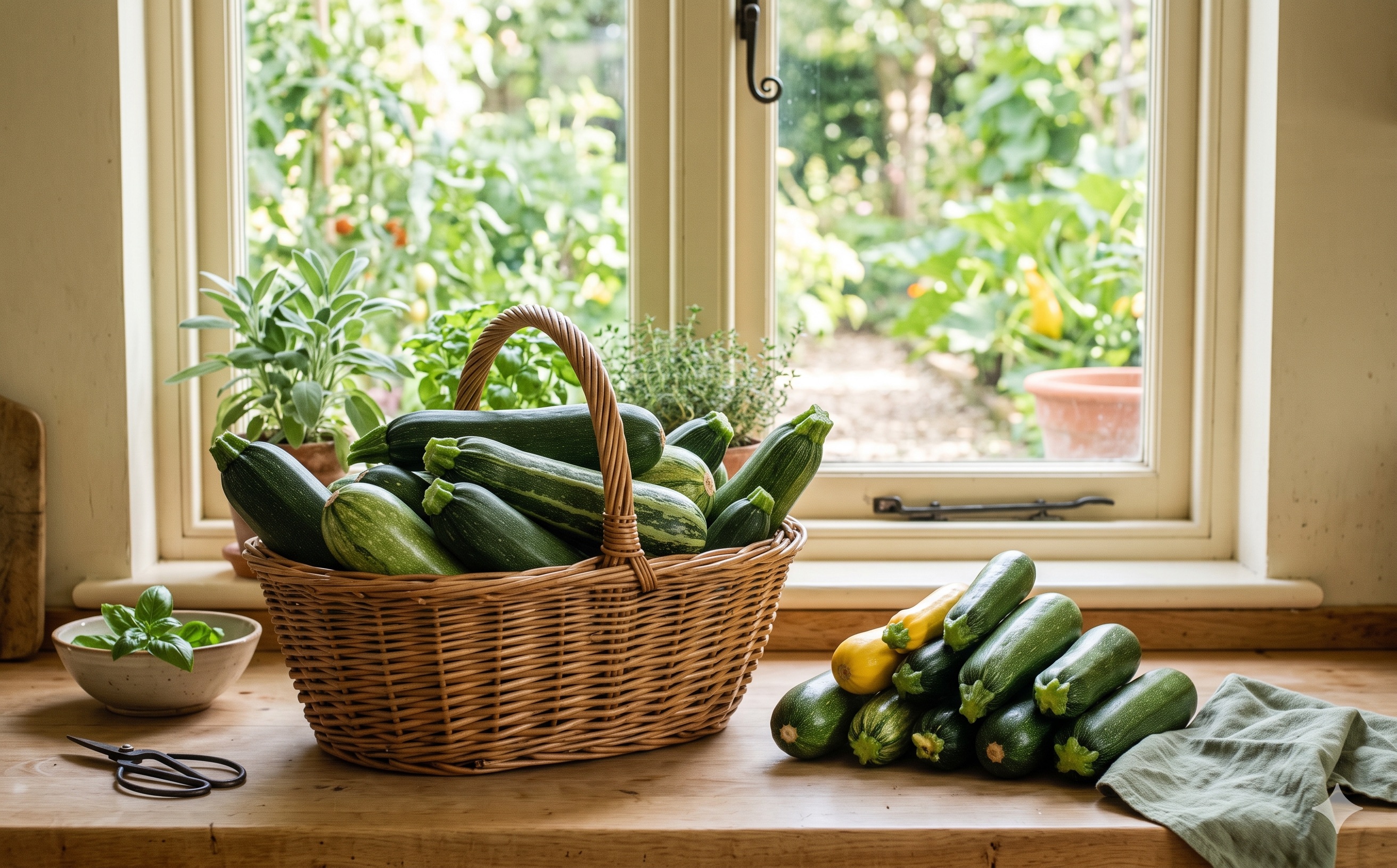 A basket and counter pile of fresh green zucchini in a bright kitchen