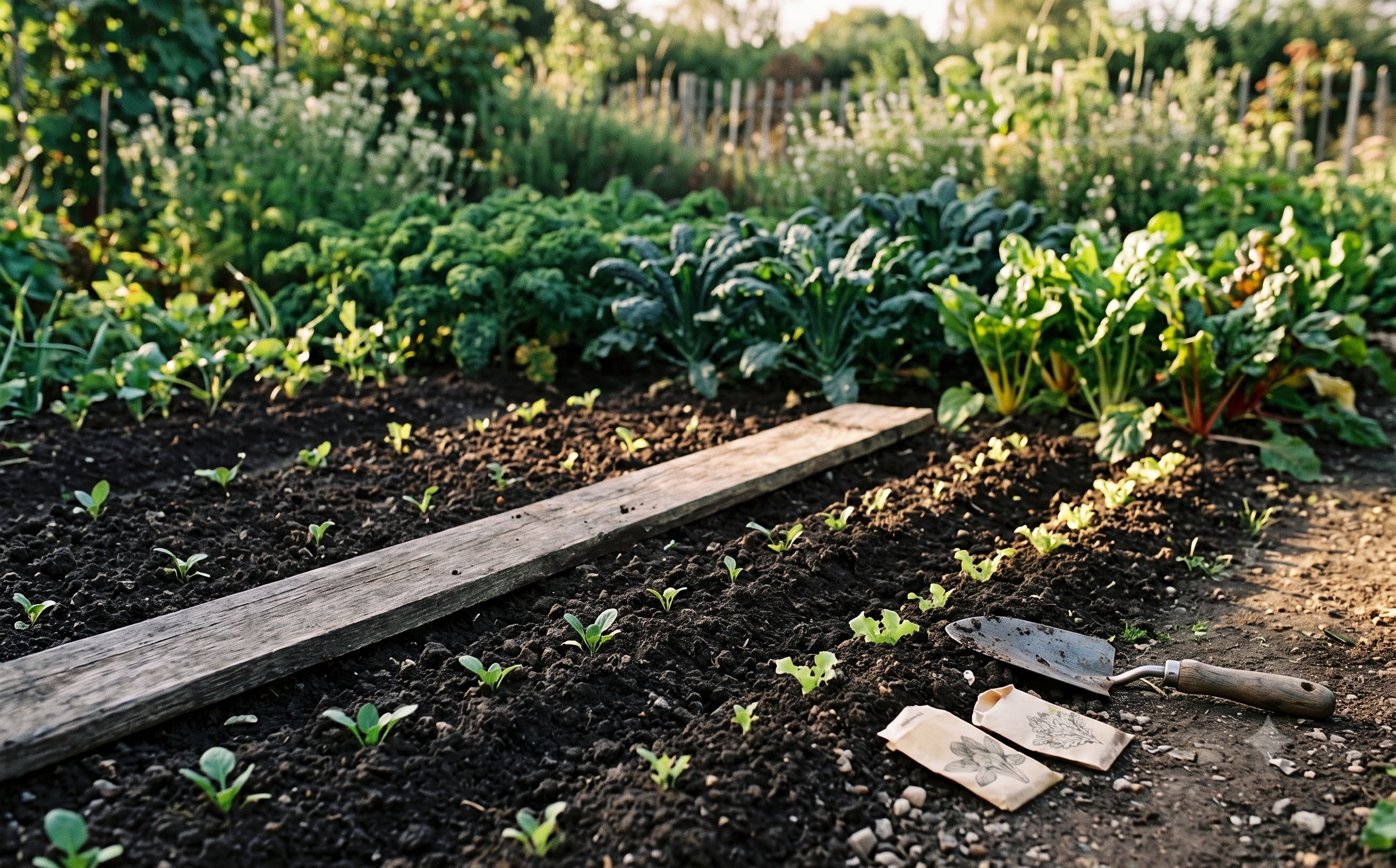 Newly sown fall garden rows with young spinach and lettuce seedlings coming up beside a board laid over one row for shade in late summer light