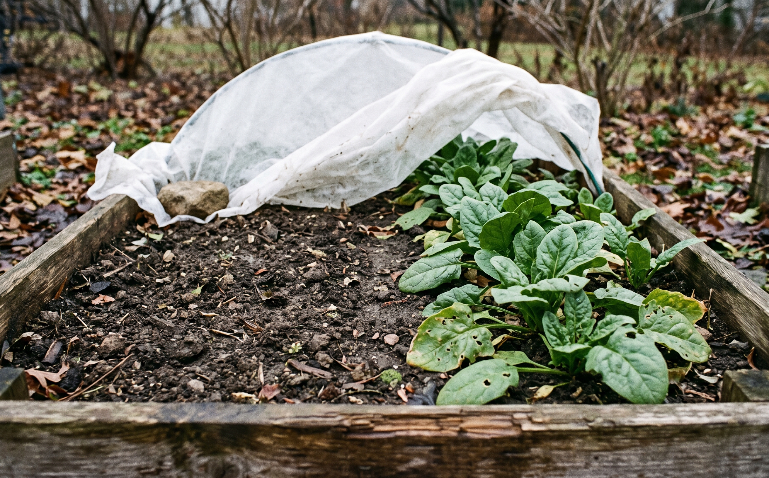 An autumn vegetable bed with established spinach beside bare soil and white row cover pulled back from a low hoop