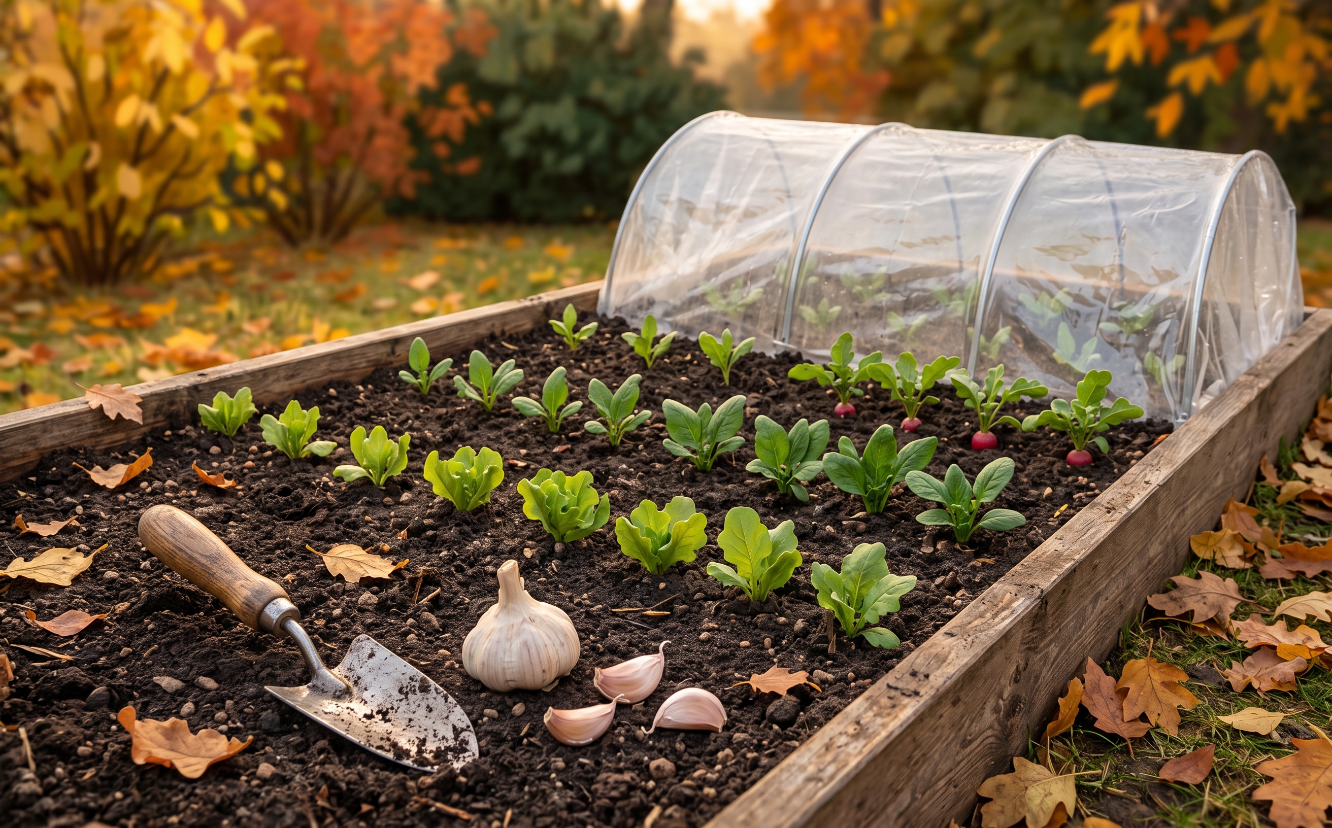An October garden bed with young lettuce and spinach under a low row-cover tunnel, garlic cloves waiting beside the soil, and fallen leaves in soft autumn light