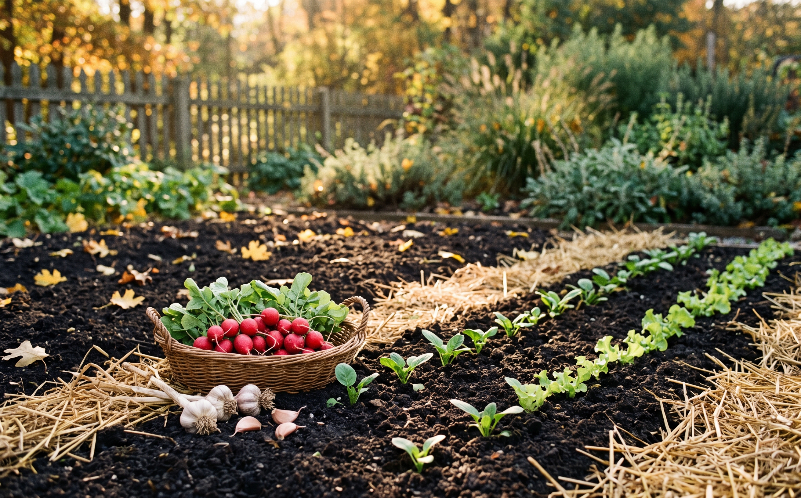 A September garden bed with rows of young spinach and lettuce seedlings, a bowl of harvested radishes, and garlic cloves waiting beside the soil in low autumn light