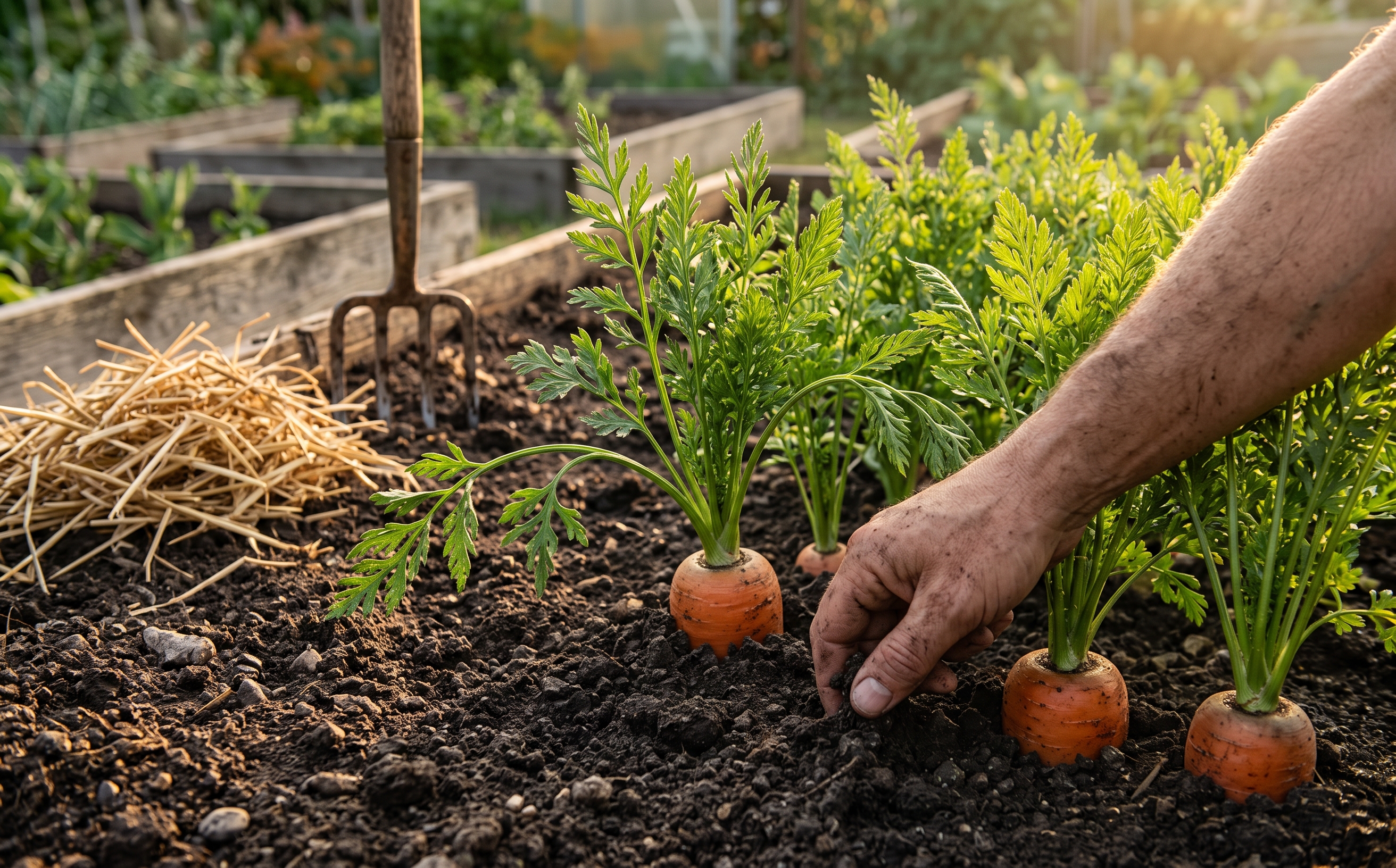 A gardener's hand brushing soil away from the orange shoulders of carrots still growing in a garden bed, with feathery green tops and autumn light