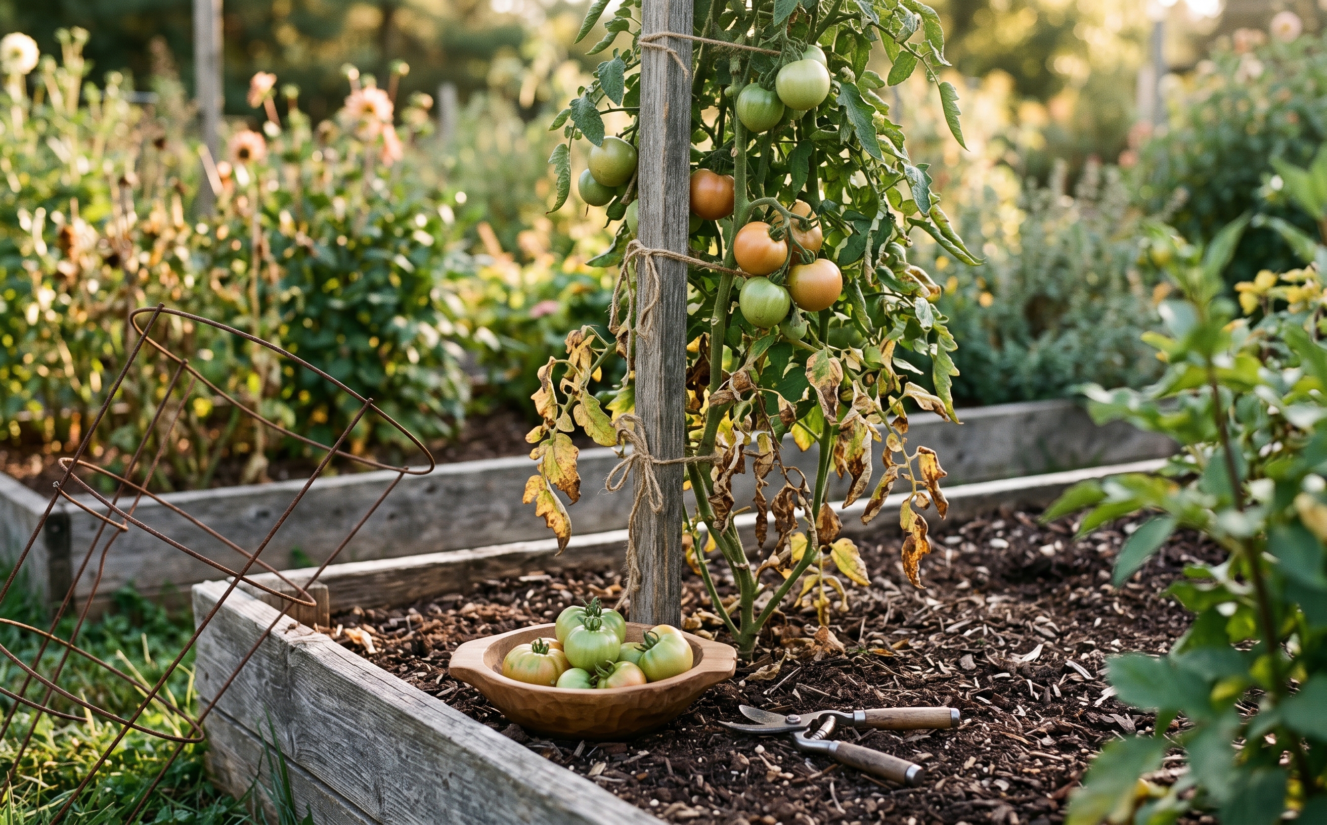 A tired late-August tomato plant with yellowing lower leaves and a bowl of green tomatoes picked from it sitting on the soil in low afternoon light