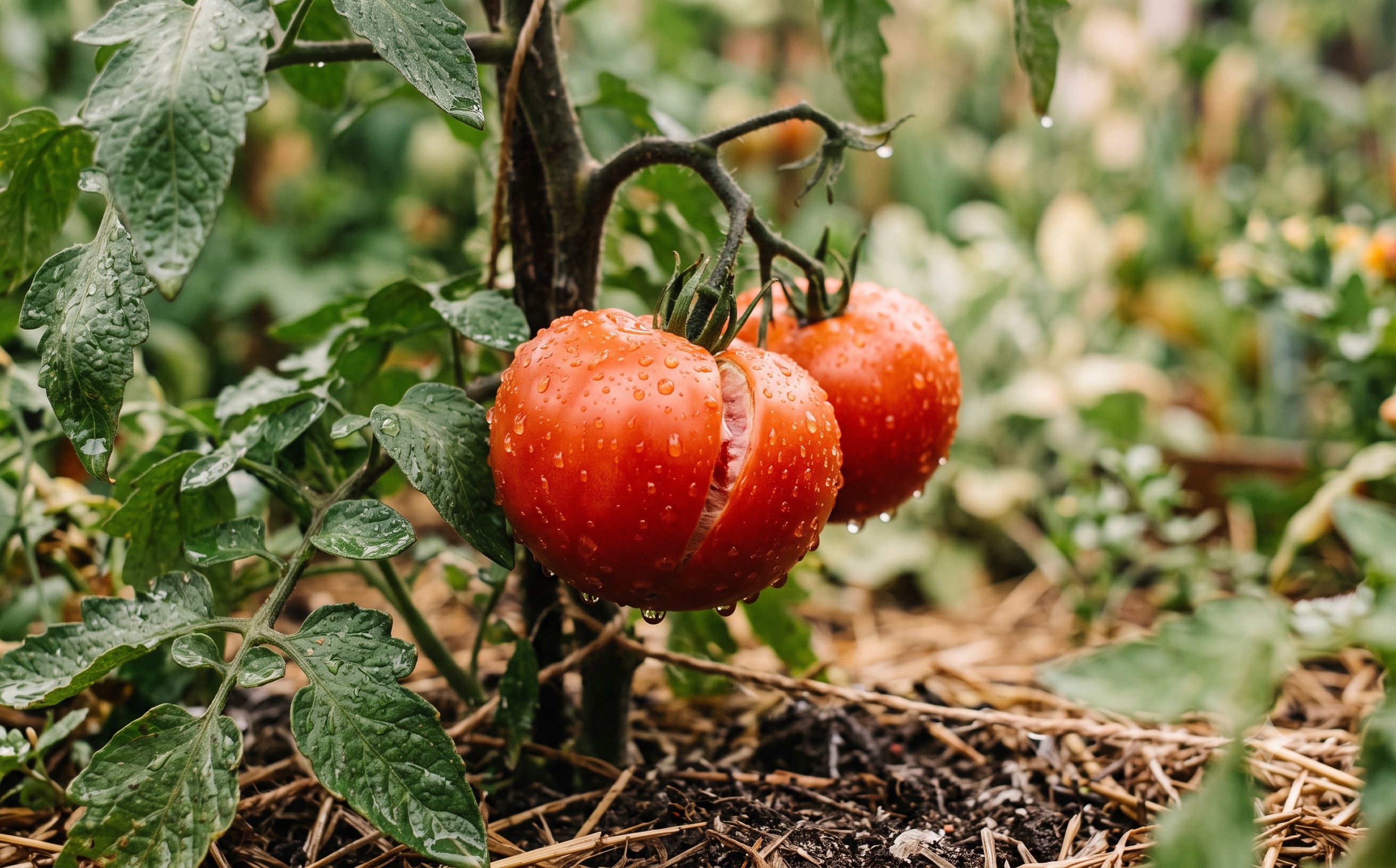 A ripe red tomato on the vine with a split running down its side after heavy summer rain